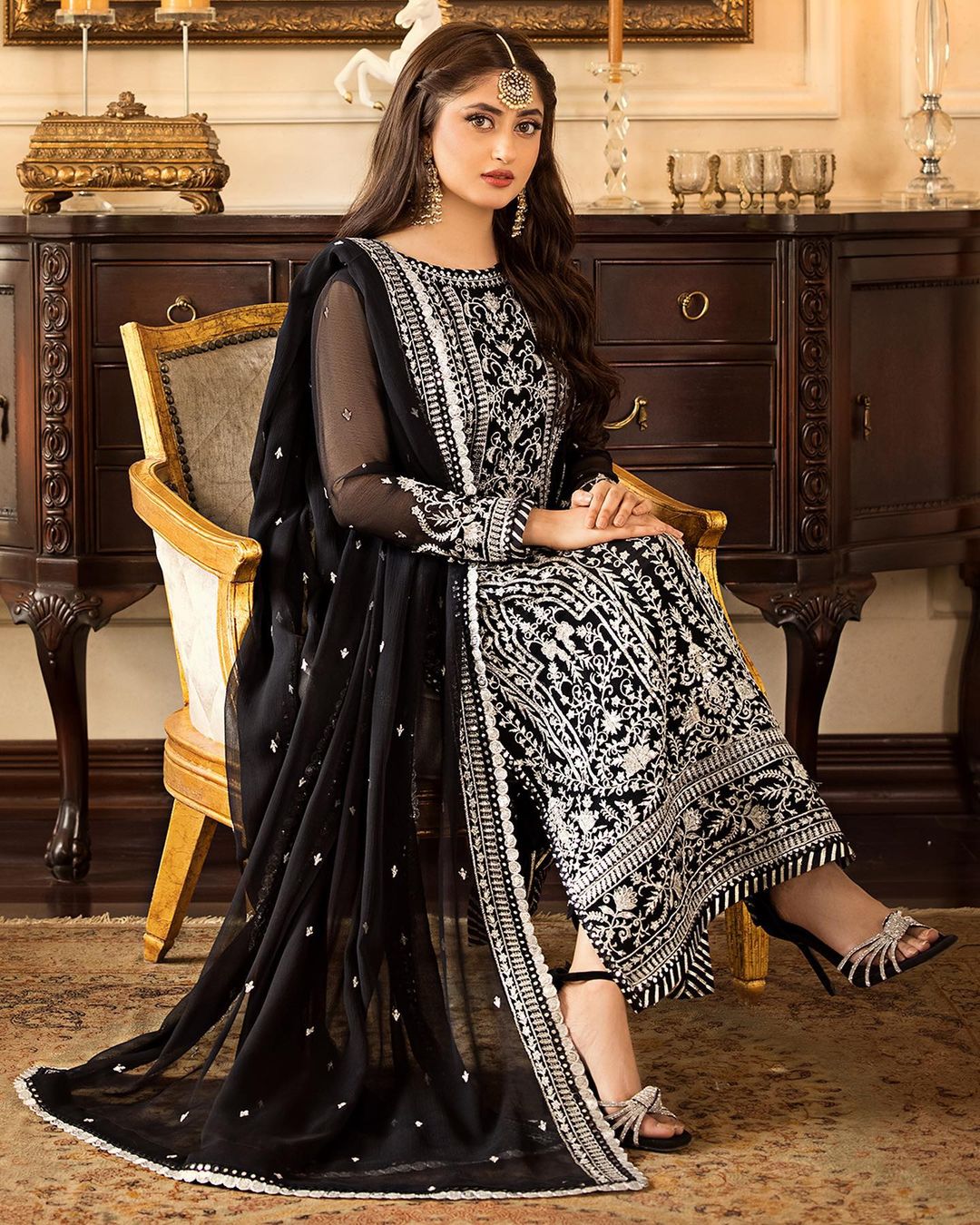 Striking Black Attire Enriched With Exquisite White Embroidery