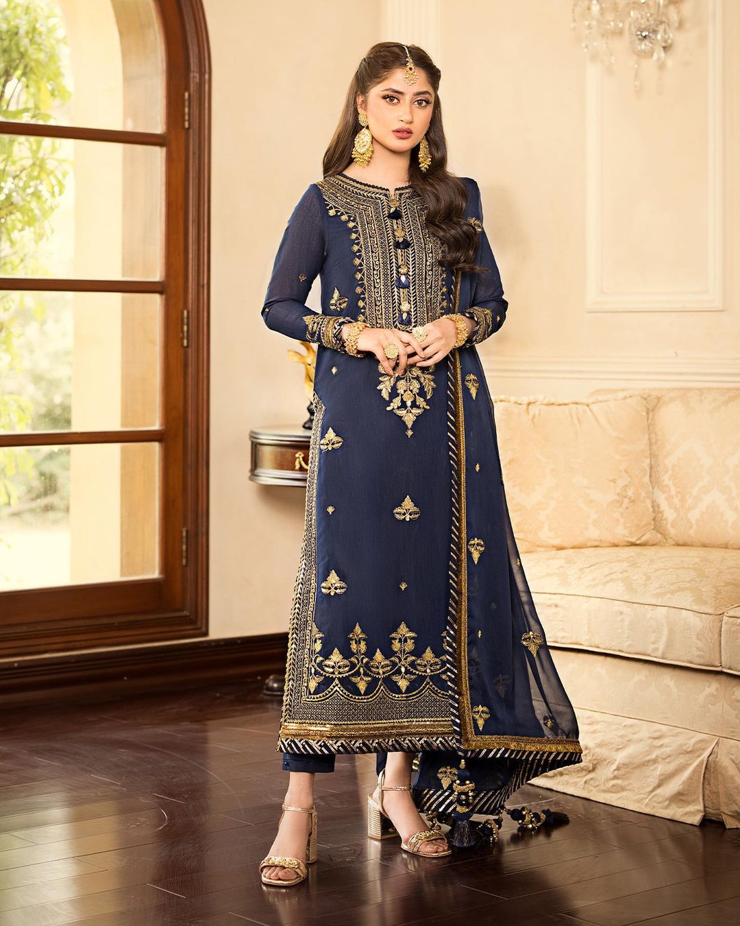 Deep Navy-blue Color Palette With Gold Zari Embroidery