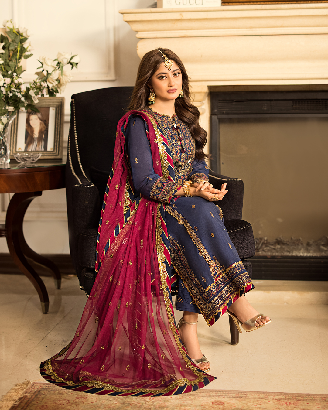 Navy Blue With Intricate Maroon And Golden Zari-work Embroidery