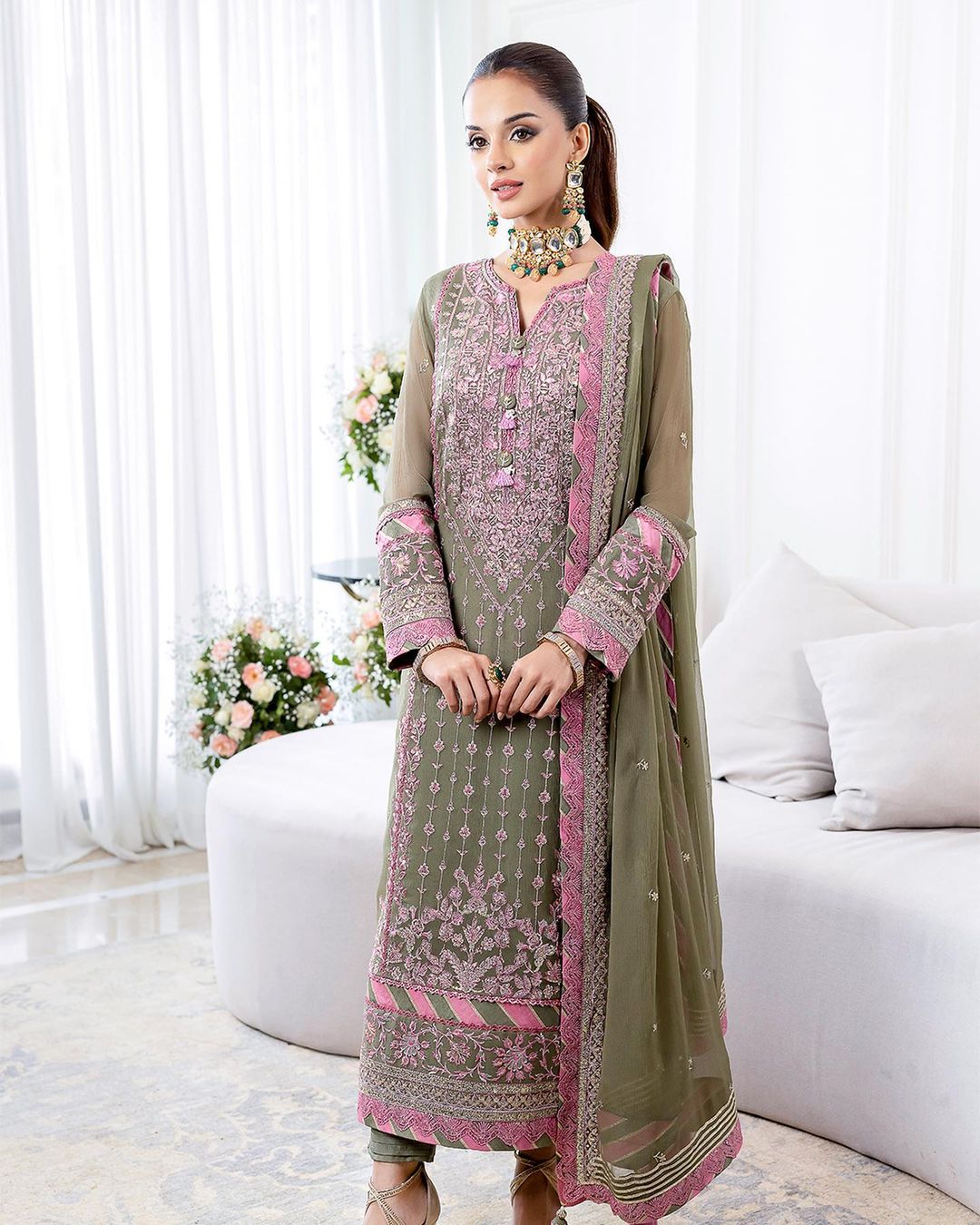 Olive Green Outfit With Intricate Pink Embroidery